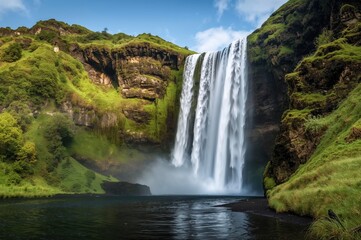 Fototapeta premium Water cascading over dark rocks in a lush green park during summer