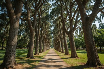 Obraz premium Lofty evergreen trees lining a shaded walkway in a green space.