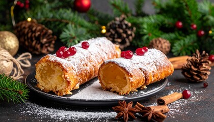 Christmas Hungary chimney cake dessert with powdered sugar