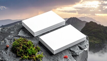 Blank white cards on textured gray wood with dark folder, minimalist office or branding setup.
