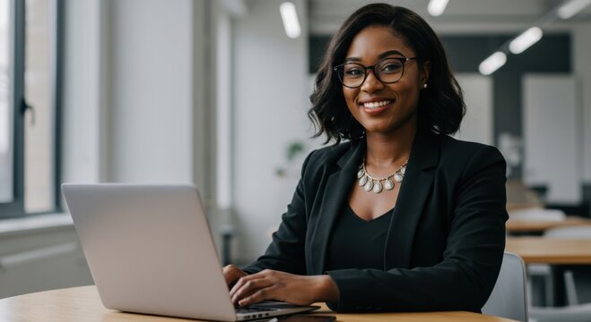 Professional african american woman wearing glasses and a black blazer working on a laptop in a modern office setting - Powered by Adobe