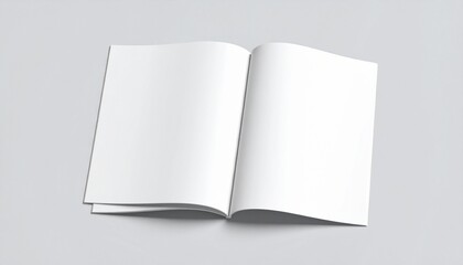 Open blank magazine on light gray surface, minimalist mockup for print design or editorial layout.