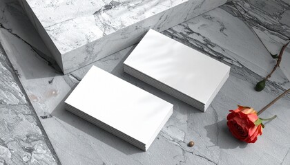 Blank white cards on textured gray wood with dark folder, minimalist office or branding setup.