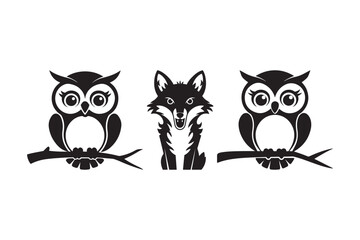 Cute cartoon fox and owls silhouettes on branches