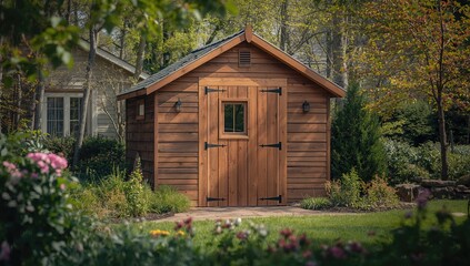 Wooden storage shed with door and window in a garden during spring