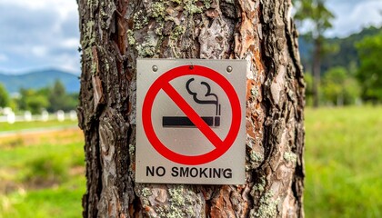 “No Smoking” sign mounted on tree in natural setting, visual message of outdoor health awareness.