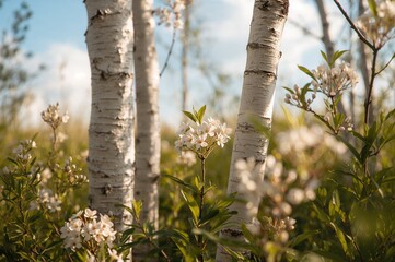 Spring scene featuring blossoming aspen trees