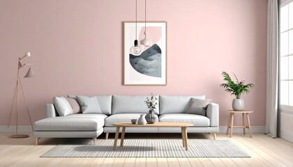 Minimalist living room with light pink wall, gray sofa, wood accents, and soft natural light.