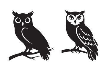 Two black silhouette owls perched on branches