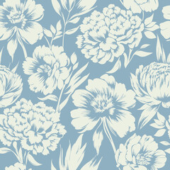 Soft blue background with a delicate and painterly floral pattern of white peonies
