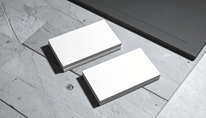 Blank white cards on textured gray wood with dark folder, minimalist office or branding setup.