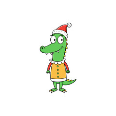 funny crocodile wearing christmas dress and hat 