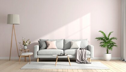 Minimalist living room with light pink wall, gray sofa, wood accents, and soft natural light.