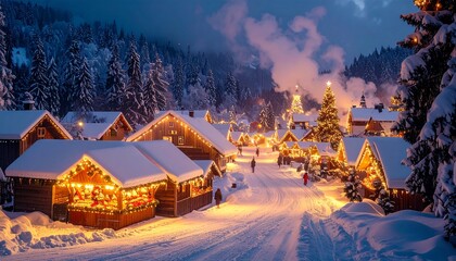 Fototapeta premium Christmas Europe snow_covered village with glowing Christmas market stalls