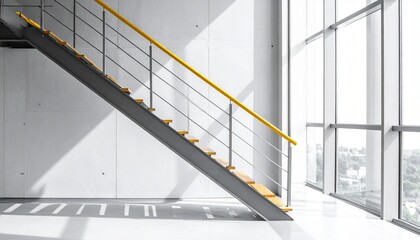 Modern staircase with concrete steps, black railings, and yellow handrails in sunlit architectural space.