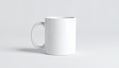 Plain white ceramic mug on light gray background, minimalist and customizable product mockup.