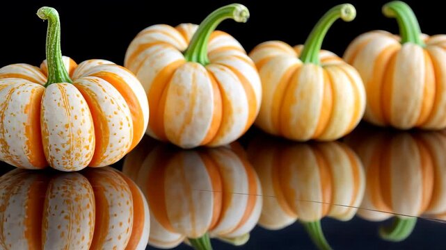 Closeup of rotating miniature pumpkins with reflections on a glossy surface in soft light