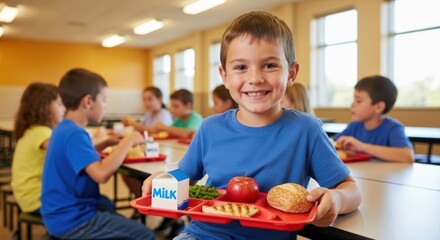 A smiling boy holding a school lunch tray with milk, apple, roll, and vegetables in the cafeteria