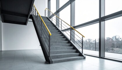 Modern staircase with concrete steps, black railings, and yellow handrails in sunlit architectural space.
