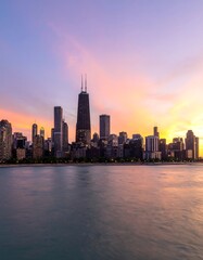 Obraz premium Chicago skyline at sunset over Lake Michigan