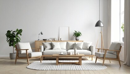 Minimalist living room with neutral tones, light gray sofa, wood accents, and natural light.