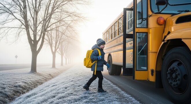 A young boy with a yellow backpack boarding a school bus on a foggy morning with frost covered ground
