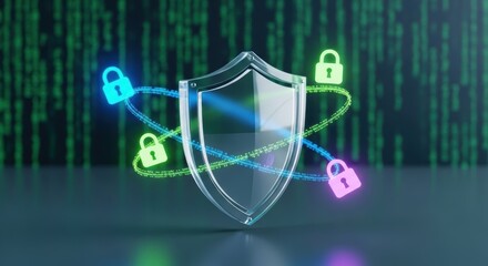 A clear shield with glowing padlocks orbiting it against a green matrix style background image art