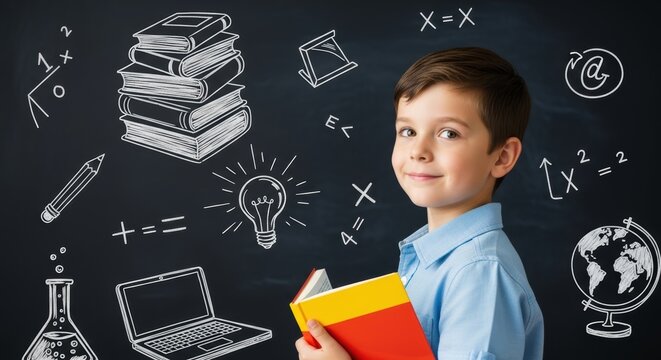 A young boy holding a book standing in front of a chalkboard with educational drawings on it