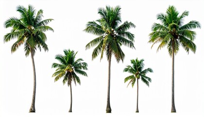 Row of five palm trees with green fronds on white background, symmetrical tropical composition.
