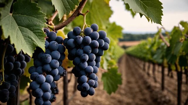 Fresh blue grapes growing on a lush vine