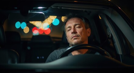Obraz premium A man asleep at the wheel of a car at night with blurred city lights visible through the windshield