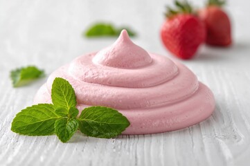 Mint-infused strawberry yogurt on rustic white wood surface