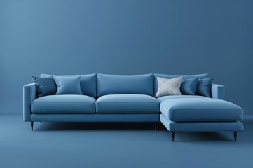 Fototapeta premium Cozy sectional couch with cushions in a stylish living space featuring vibrant blue upholstery and modern decor