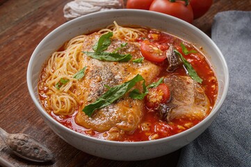 Fototapeta premium Spicy soup with canned mackerel and glass noodles in an Asian style
