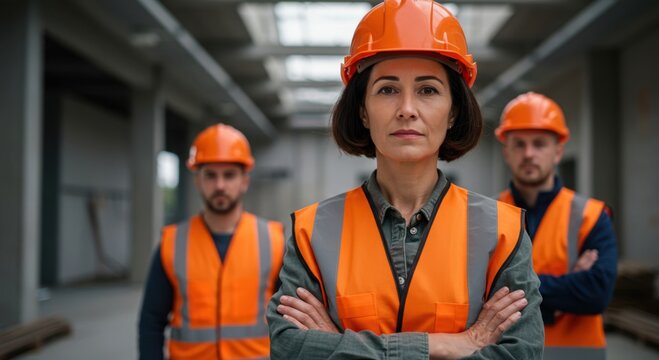 Determined construction crew members wearing high visibility vests and safety helmets stand together ready for work - Powered by Adobe
