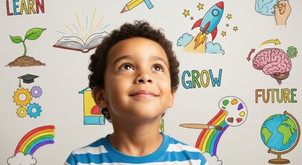 A young boy looking up surrounded by educational drawings and inspirational words on a white background