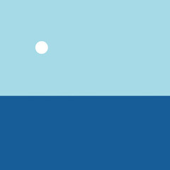 A minimalist depiction of a bright sun setting over a calm, deep blue ocean under a light blue sky.