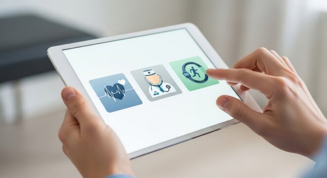 Person interacting with health application icons on a tablet device in a bright indoor environment