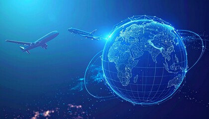 Two airplanes fly around a digital globe with glowing continents and interconnected lines in a blue, futuristic setting.