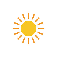 A simple graphic illustration of a yellow sun with orange rays on a white background.