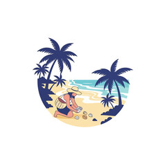 A person wearing a hat and a bag is collecting shells on a sandy beach with palm trees and the ocean in the background.