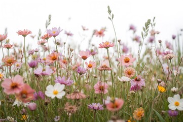 Fototapeta premium Bright wildflowers in a sunny field against a white backdrop
