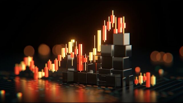 A digital representation of a stock market chart with vibrant candlestick patterns illustrating upward trends against a dark background.