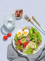 Tuna salad with cherry tomatoes, eggs, olives and cucumbers in a plate on a blue background
