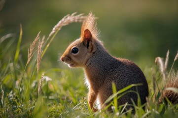 Side view of a squirrel in natural grass setting