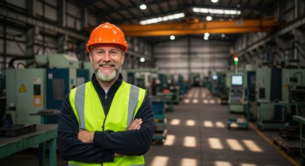Smiling experienced factory worker with hard hat and high visibility vest stands confidently amidst industrial machinery and production lines