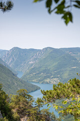 Canyon river meandering among green forested mountains, nature landscape photography under clear blue sky
