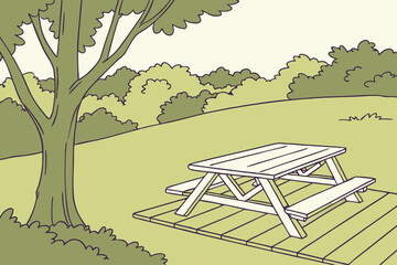 an empty white picnic table sits on a wooden deck in a sunny park with trees and green grass