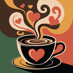 Steaming Cup of Coffee with Hearts and Swirls drink