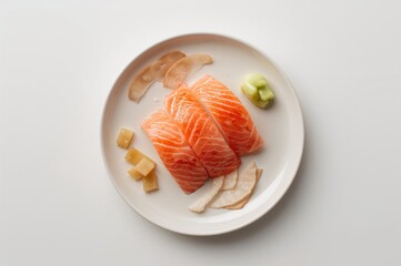 Top View of Salmon Sushi on a Dish with Wasabi on White Background